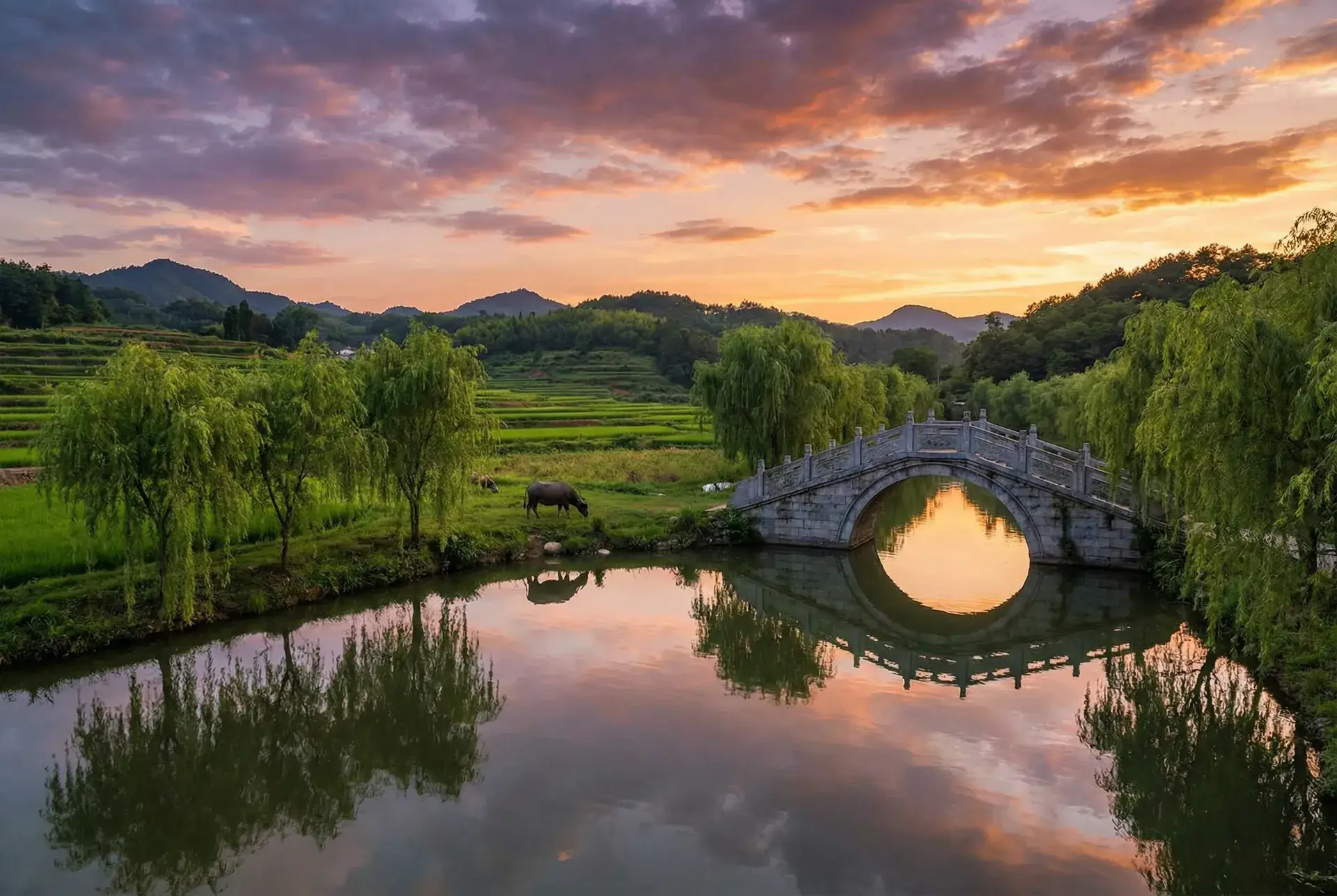 夕阳下的石拱桥与垂柳，水牛在河边吃草 - 五十度飞在线观看视频 乡村美景